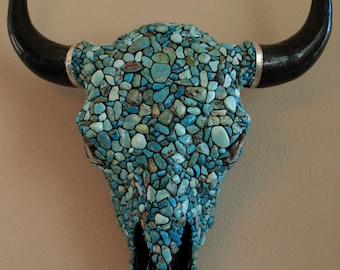 Turquoise Encrusted Buffalo Skull with Fine Silver