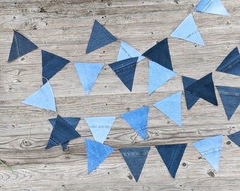 Denim Bunting, Denim Banner, Denim Pennant, Garland, Repurposed Denim Party Decor, Denim Home Decor, Denim Pennant Banner