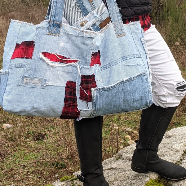 Large Shoulder Bag, Recycled Jean Purse, Denim Bag, Denim Tote Bag, Designer Bag, Jean Handbag, Distressed Jeans