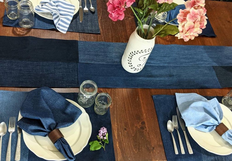 Denim Table Runner, Jean Wedding Decor, Repurposed Jeans, Denim Runner, Wedding Decor, Denim Wedding Decor, Country Wedding Tablescapes image 1