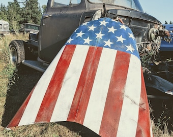 Old Glory Truck Hood, Americana, Ford Truck Hood, Man Cave Wall Art, Garage Flag, Classic Ford, Vintage Truck, Rustic Wall Decor, Car Parts