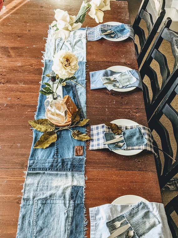 Distressed Denim Table Runner Jean Wedding Decor Country Etsy