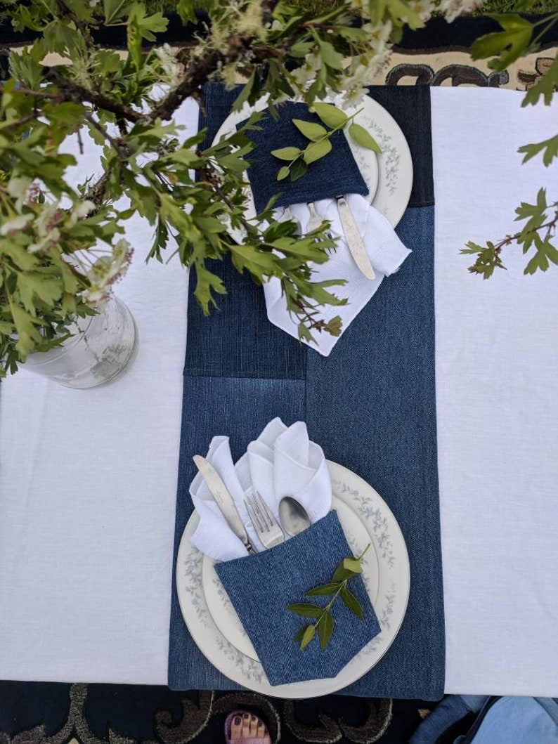 Denim Table Runner, Jean Wedding Decor, Repurposed Jeans, Denim Runner, Wedding Decor, Denim Wedding Decor, Country Wedding Tablescapes image 4