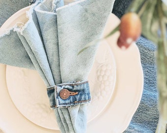 Denim Napkin Rings, Denim Tablescapes, Handmade Napkin Rings, Repurposed Denim, Jean Napkin Rings, Denim Decor, Country Part Decor