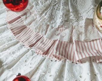 Modern Farmhouse Christmas Tree Skirt, Farmhouse Decor, Vintage Fabric, Handmade Christmas Decor, Red & White Ticking Tree Skirt