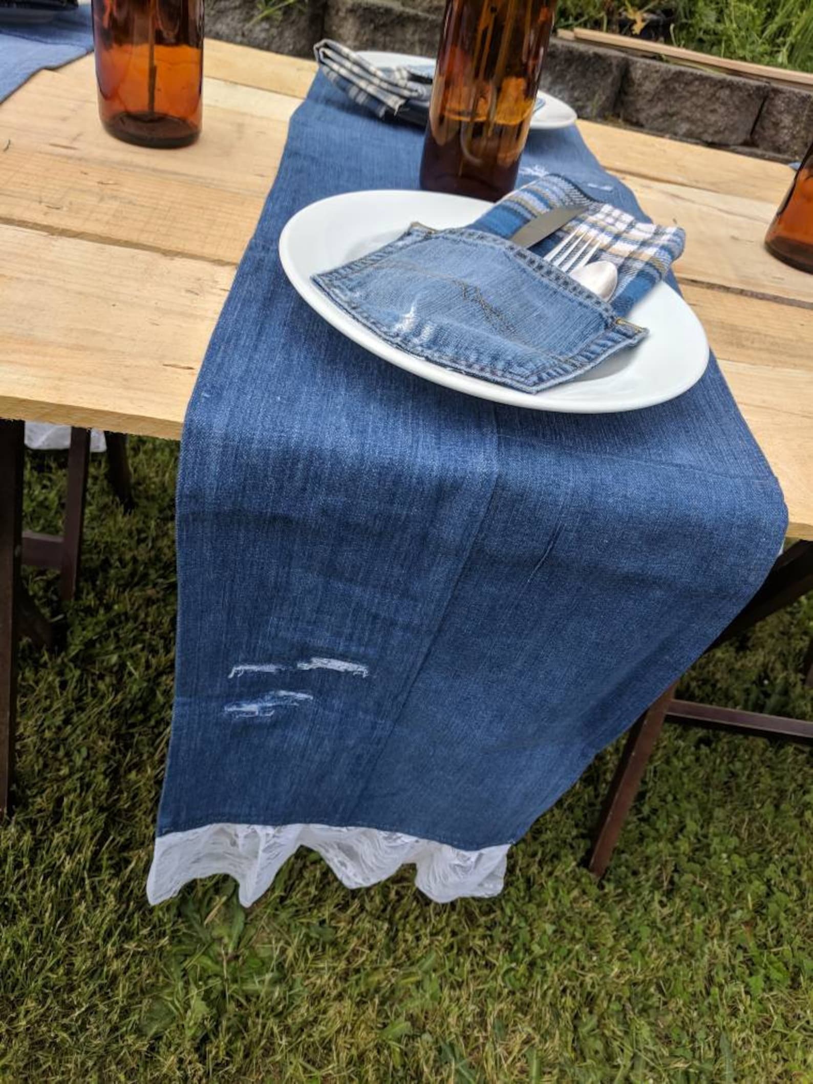 Denim & Lace Table Runner Distressed Jean Wedding Decor Etsy