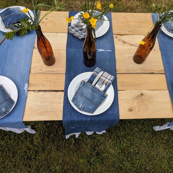 Denim & Lace Table Runner, Distressed Jean Wedding Decor, Denim Runner, Shabby Chic Decor, Denim Wedding Decor, Country Wedding Decor