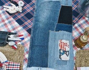 Distressed Denim Patriotic Table Runner, 4th of July Table Runner, Denim Tablescapes,  Rustic Decor, 4th of July BBQ
