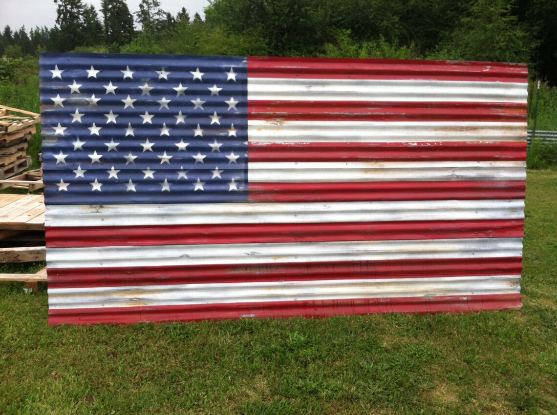 8 ft. Huge Rustic American Flags Barn Metal Flags Distressed Etsy