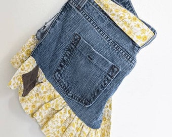 Denim Apron, Half Apron, Vintage Yellow Farbric, Shabby Chic Apron, Reclaimed Jeans, Jean Apron, Apron, Zero Waste
