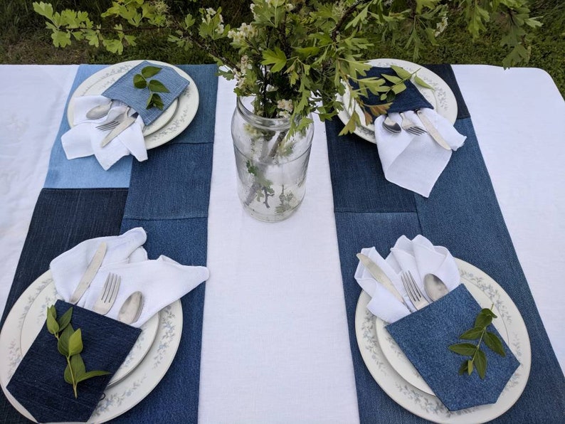 Denim Table Runner, Jean Wedding Decor, Repurposed Jeans, Denim Runner, Wedding Decor, Denim Wedding Decor, Country Wedding Tablescapes image 3