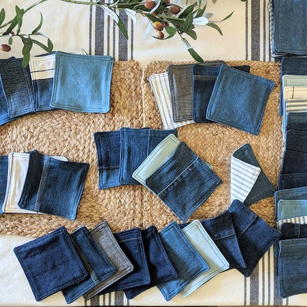 Cocktail Napkins, Denim Cocktail Napkins, Blue Napkins, Denim & Chambray Upcycled Linens,  Small Napkins, Denim Table Decor, Denim Wedding