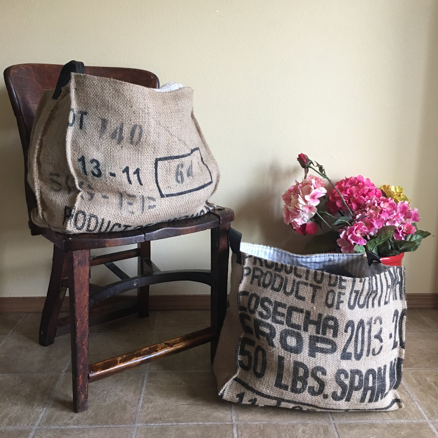Upcycled Coffee Sack Tote, Burlap Basket, Upcycled Coffee