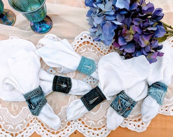 Denim Napkin Rings, Denim Tablescapes, Handmade Napkin Rings, Repurposed Denim, Jean Napkin Rings, Denim Decor, Country Part Decor