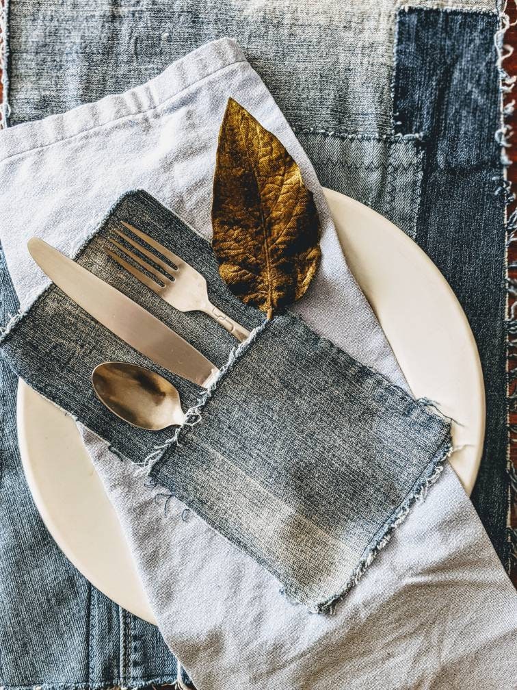 【mnem】Uk Strap Piercing Denim Denim Silverware Pocket, Distressed Jean Pocket Silverware