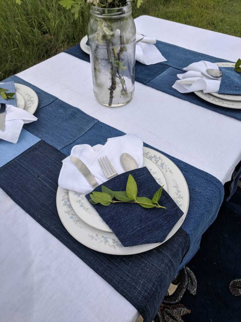 Denim Table Runner, Jean Wedding Decor, Repurposed Jeans, Denim Runner, Wedding Decor, Denim Wedding Decor, Country Wedding Tablescapes image 7