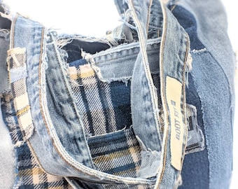 Denim Handbag, Denim Tote Bag, Distressed & Recycled Jean Bag, Denim Bag, Tote Bag, Designer Bag, Distressed Jeans, Distressed Flannel