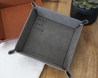 Personalized Catchall Leather Valet Tray for Dads - Best Dad Ever Gift for Fathers day from kids, personalized tray with note - C03