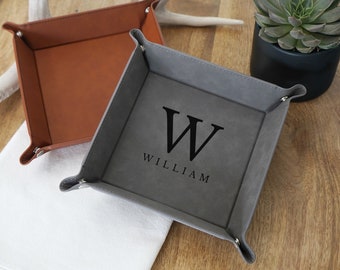 Personalized Catchall Leather Valet Tray for Dads - Gift for Christmas from kids, personalized tray with Monogram - C02