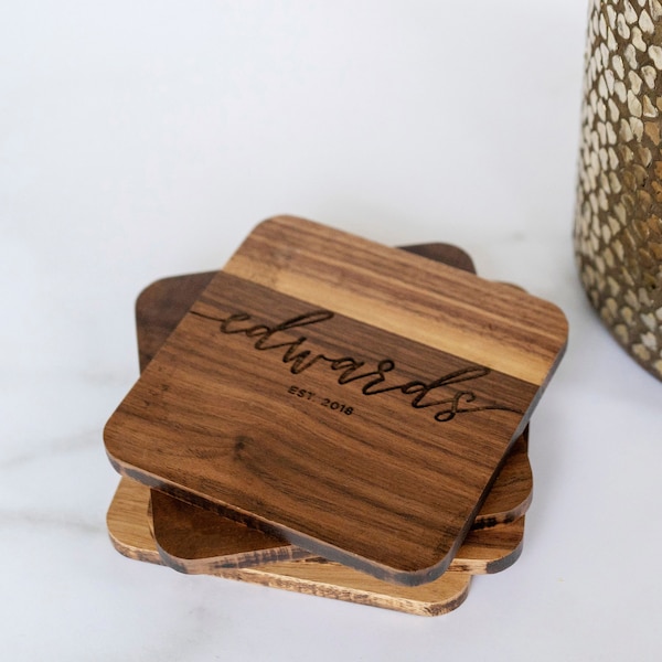 Personalized Engraved Coasters - Custom Wedding Gift - Wooden Coasters - coasters personalized - coaster set - coaster wedding favors - 001