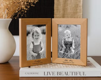 Personalized Double Wood Photo Frame, Engraved Names & Dates, Vertical Display 4x6 or 5x7