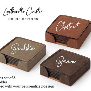 May include: Set of six leatherette coasters in a holder. The coasters are available in three colors: chestnut, buckskin, and brown. Each coaster has a white inscription with the color name.