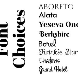 May include: Font choices:  A list of font names, including Boreto, Alata, Yeseva One, Berkshire, Borel, Twinkle Star, Shadows, and Grand Hotel.