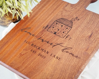 Regalo de inauguración de mi primer hogar para él: tabla de cortar personalizada, código postal, regalo con dirección, regalo de cierre para nuevo hogar - 057
