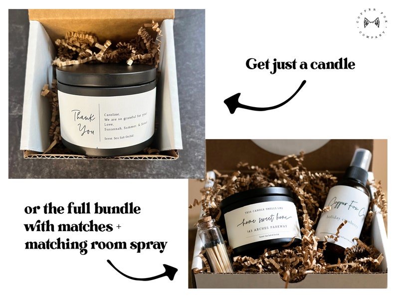 May include: Two gift boxes with brown shredded paper inside. The first box contains a black candle with the text "Thank You" and a personalized message. The second box contains a black candle with the text "Home Sweet Home" and a matching room spray. The text "Get just a candle" and "or the full bundle with matches + matching room spray" is visible on the image.