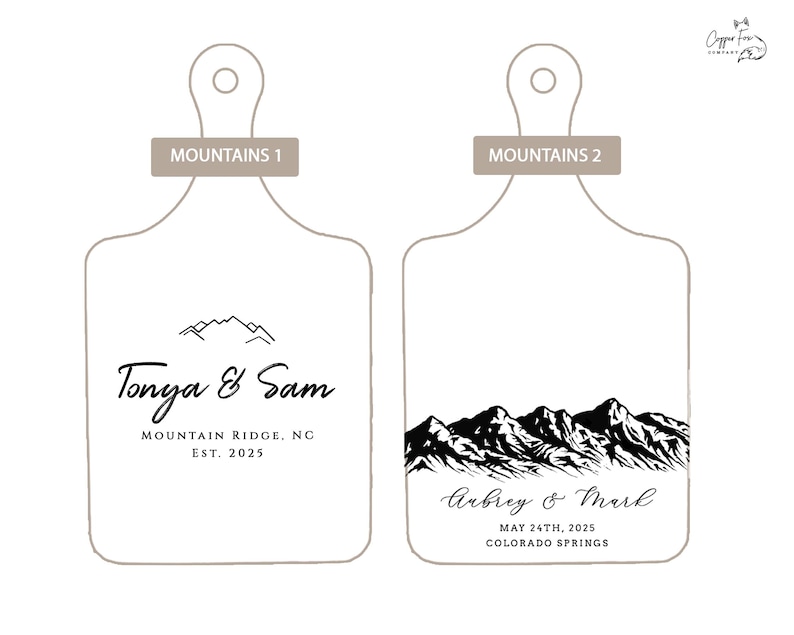 May include: Two white cutting boards with black mountain range illustrations and text. The first board says "Tonya & Sam" and "Mountain Ridge, NC Est. 2025". The second board says "Aubrey & Mark" and "May 24th, 2025 Colorado Springs".