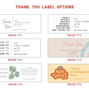 May include: Six different designs for thank you labels. The designs feature various colors, fonts, and graphics, including a rainbow, a monstera leaf, and a groovy text design. The labels are perfect for adding a personal touch to gifts or favors.