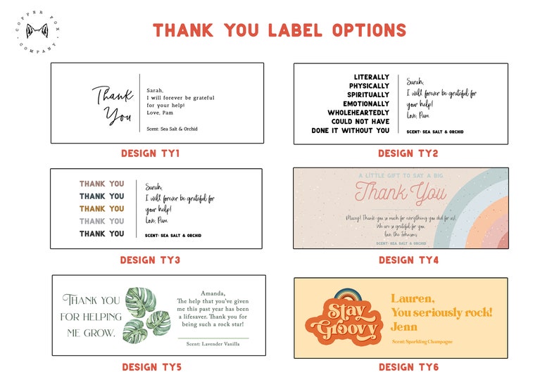 May include: Six different designs for thank you labels. The designs feature various colors, fonts, and graphics, including a rainbow, a monstera leaf, and a groovy text design. The labels are perfect for adding a personal touch to gifts or favors.