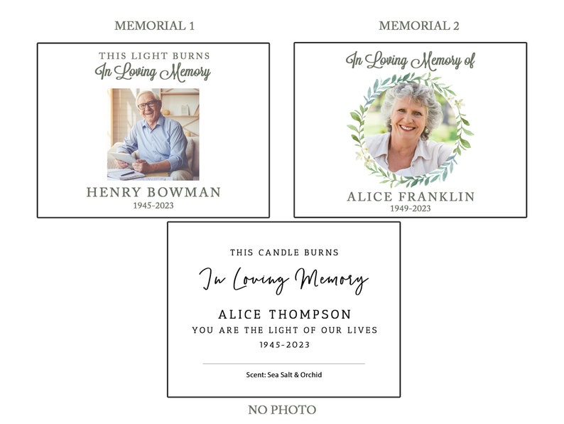 K&ouml;nnte beinhalten: Drei Gedenkkerzen-Etiketten mit Fotos und Text. Das erste Etikett zeigt ein Foto eines Mannes und den Text "THIS LIGHT BURNS In Loving Memory HENRY BOWMAN 1945-2023". Das zweite Etikett zeigt ein Foto einer Frau und den Text "In Loving Memory of ALICE FRANKLIN 1949-2023". Das dritte Etikett hat kein Foto und den Text "THIS CANDLE BURNS In Loving Memory ALICE THOMPSON YOU ARE THE LIGHT OF OUR LIVES 1945-2023 Scent: Sea Salt & Orchid NO PHOTO".