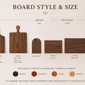 a variety of wooden cutting boards in different sizes and styles, ranging from paddle boards to square boards, and from small to large.
