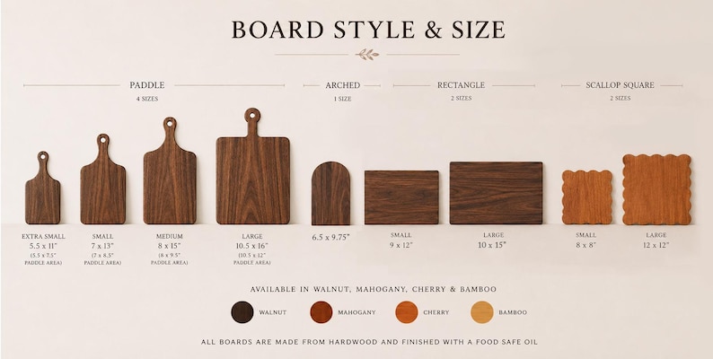 a variety of wooden cutting boards in different sizes and styles, ranging from paddle boards to square boards, and from small to large.