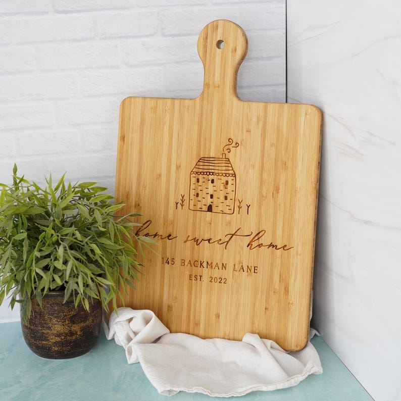 a cutting board with a picture of a building on it