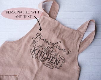 Mother's Day Gifts for Mom | Personalized Linen Apron with Pockets for Gardening Cooking Crafting | Custom Gifts for Grandma Nana Mama Mimi