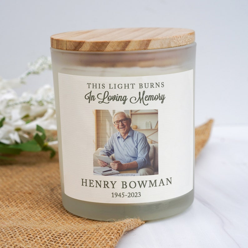 This Light Burns in Loving Memory Candle with picture of person who has passed. It makes a great memorial gift for someone who has lost a father, mother, or child. You can burn this candle to honor a loved one's life. This gift is personalized.