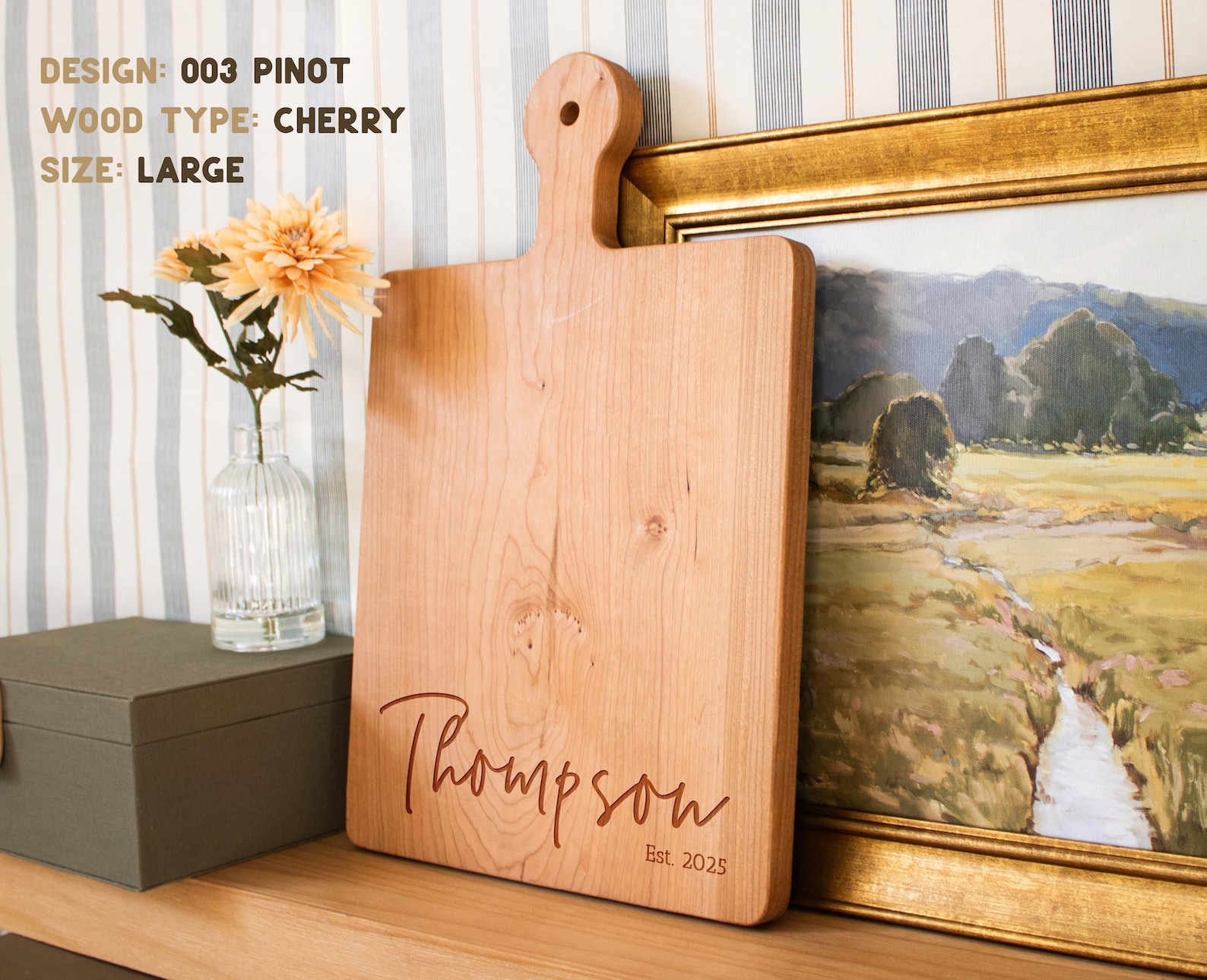 Personalized Cutting Board: Custom Wedding, Engagement, Bridal Shower, Housewarming Gift & Mother's Day Gift | Engraved Charcuterie Board - Med - Handle - Walnut, Pinot