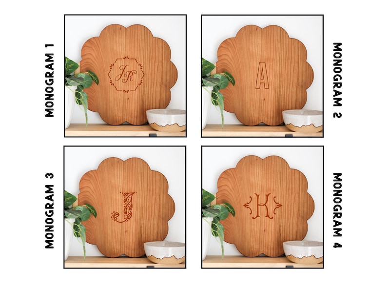 May include: Four wooden serving trays with different monogram designs. The trays are round with a scalloped edge and are made of light brown wood. The monograms are in a classic font and are engraved in a darker brown color. The monograms are "JR", "A", "J", and "KH".