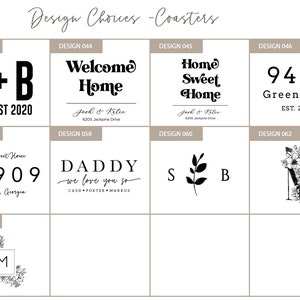 May include: A collection of coaster designs with various text and graphic elements. Designs include initials, addresses, and phrases like "Welcome Home" and "Home Sweet Home." The designs are in black and white.