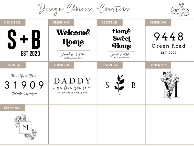 May include: A collection of coaster designs with various text and graphic elements. Designs include initials, addresses, and phrases like "Welcome Home" and "Home Sweet Home." The designs are in black and white.