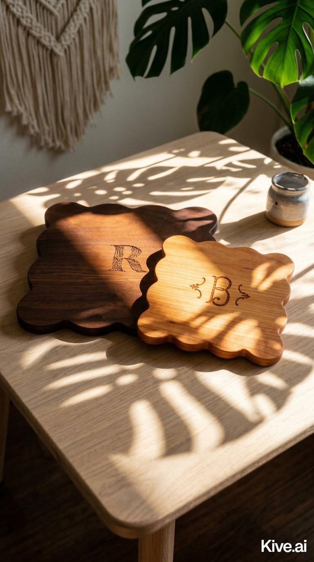 Scallop Cutting Board: Personalized Gift for Home, Housewarming, Mother's Day - Square 12in Walnut, Monogram 3