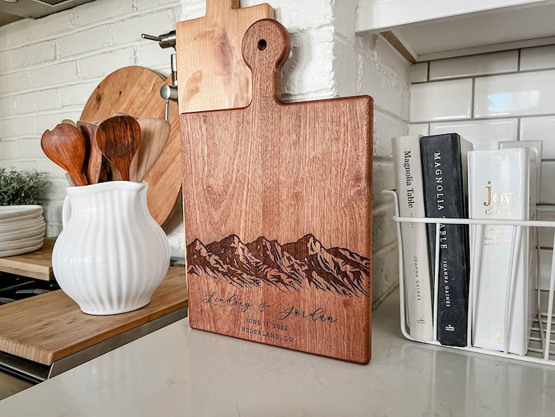 Personalized Cutting Board: Mountain Theme Gift for Couples, Weddings, Bridal Showers, Engagements, Colorado, Hiking Couples & Mother's Day image 1