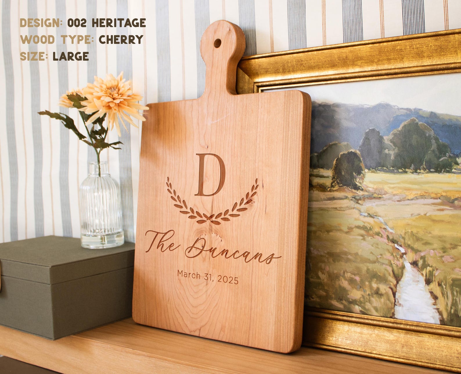 Personalized Cutting Board: Custom Wedding, Engagement, Bridal Shower, Housewarming Gift & Christmas Gift | Engraved Charcuterie Board - Med - Handle - Walnut, Heritage