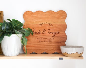 Mountain Wedding Gift Scallop Cutting Board Personalized | Monogram | Round Scallop Board Personalized Wedding Gift | Christmas Gift