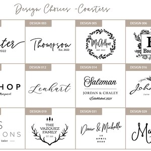 May include: A selection of personalized coaster designs featuring names and dates in elegant fonts. Designs include family names, initials, and established dates, with decorative elements like wreaths and floral accents. The image showcases various styles for custom coasters.