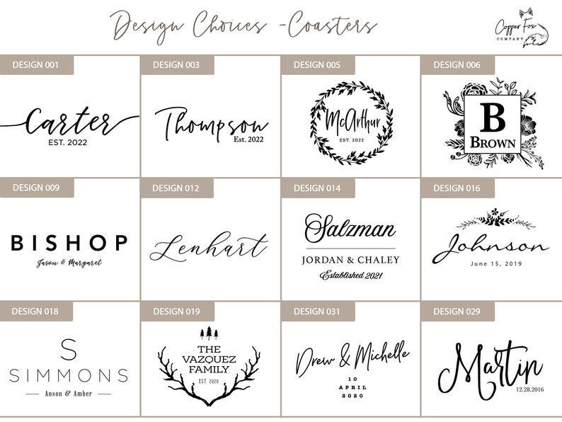 May include: A selection of personalized coaster designs featuring names and dates in elegant fonts. Designs include family names, initials, and established dates, with decorative elements like wreaths and floral accents. The image showcases various styles for custom coasters.