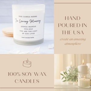 K&ouml;nnte beinhalten: Eine wei&szlig;e Sojawachskerze in einem mattierten Glasgef&auml;&szlig;. Die Kerze hat ein schwarzes Etikett mit dem Text "This candle burns In Loving Memory Joshua Markus 1978-2023 You are the light of our lives Scent: Lavender Vanilla". Die Kerze steht auf einer wei&szlig;en Oberfl&auml;che mit einer rosa Blume.