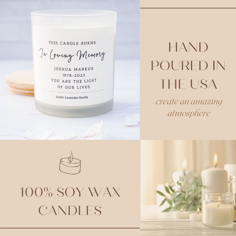 K&ouml;nnte beinhalten: Eine wei&szlig;e Sojawachskerze in einem mattierten Glasgef&auml;&szlig;. Die Kerze hat ein schwarzes Etikett mit dem Text "This candle burns In Loving Memory Joshua Markus 1978-2023 You are the light of our lives Scent: Lavender Vanilla". Die Kerze steht auf einer wei&szlig;en Oberfl&auml;che mit einer rosa Blume.